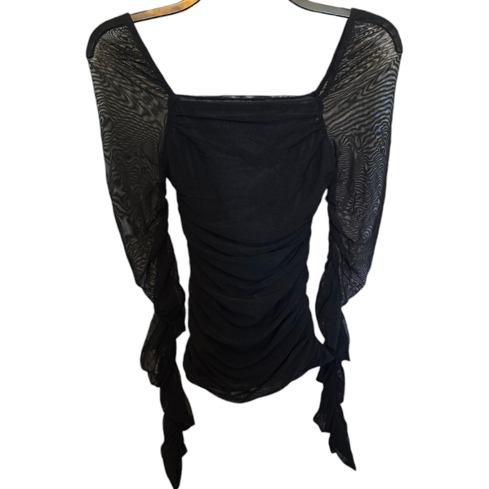 3/$15 Shein Black Ruched Blouse with Mesh Sleeves Size XS